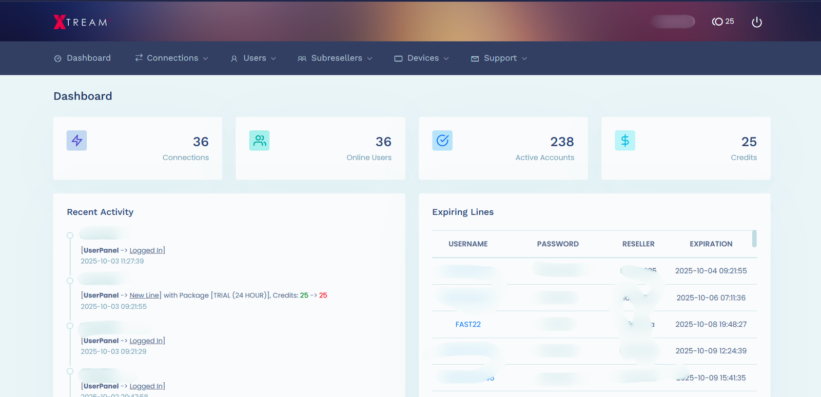 Starshare IPTV Reseller Panel Dashboard View
